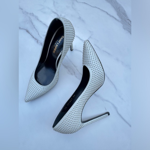 YSL SAINT LAURENT Metallic Studded High Heels Pumps Silver White 38 - Picture 7 of 9